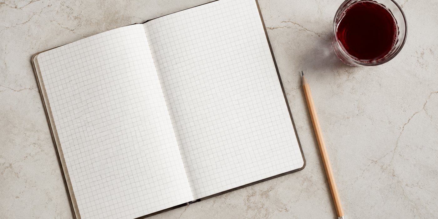 Caderno quadriculado aberto em branco, um lápis e um copo de sumo escuro numa mesa de pedra