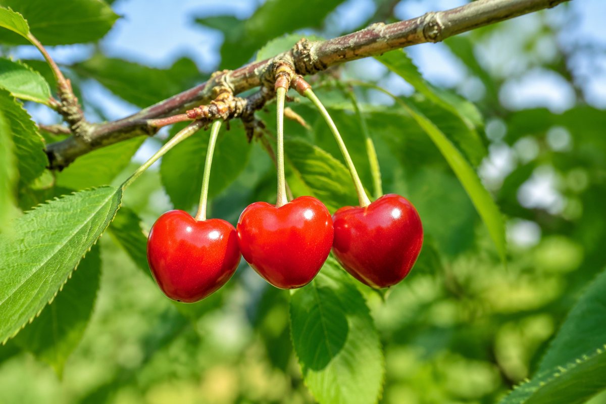 Três cerejas Morangão vermelho-vivas em forma de coração, penduradas num ramo