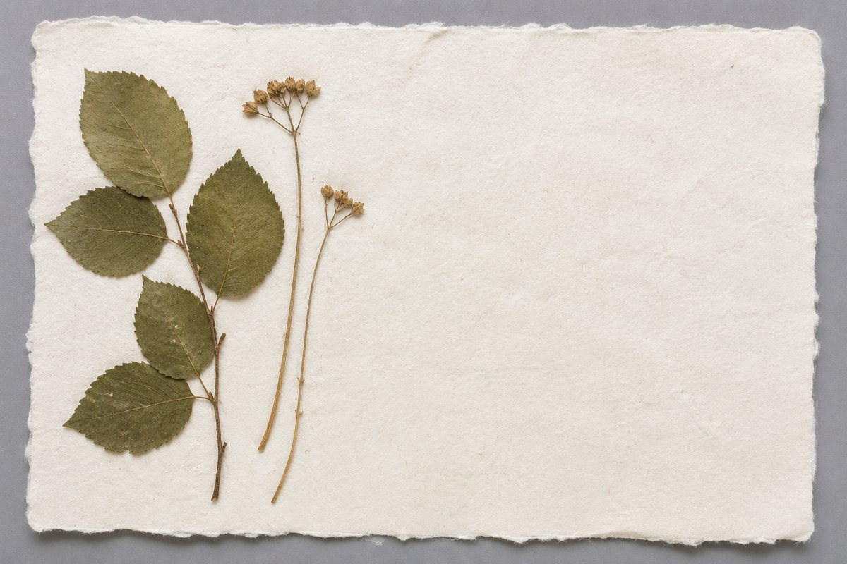 Folhas de cerejeira prensadas e dois pés secos sobre uma folha de papel feito à mão