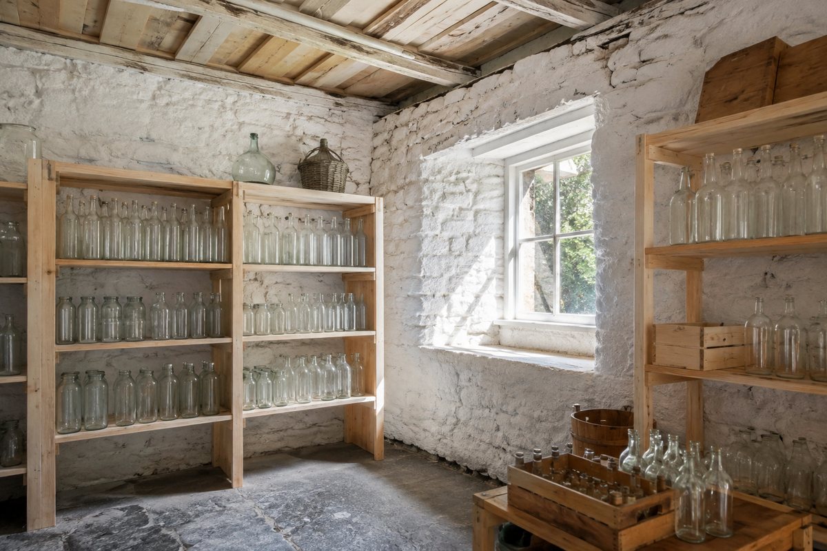 Interior da loja da quinta com prateleiras de madeira e garrafas de vidro sem rótulo, paredes de granito caiado