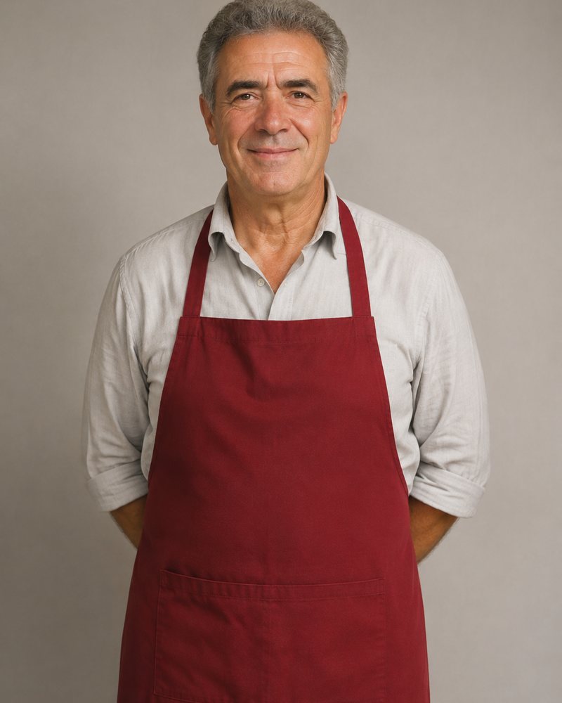 Retrato de Vítor Sobral, avental vermelho-escuro liso, fundo cinzento neutro